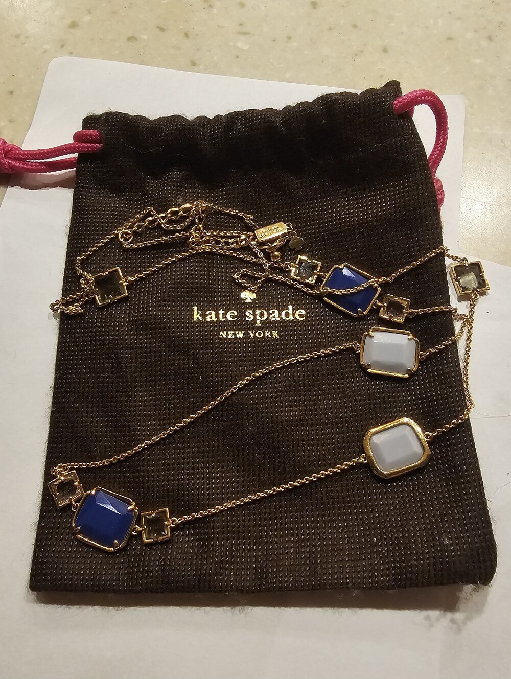 Kate Spade Neapolitan Scatter Long Necklace Blue Grey Gold Tone 31-34"